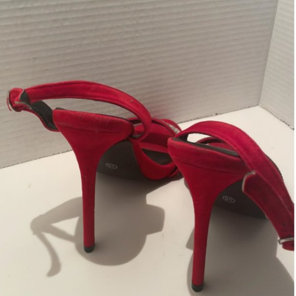 Luxe Red Suede High Heels with Dazzling Rhinestone Accents - Picture 4 of 8
